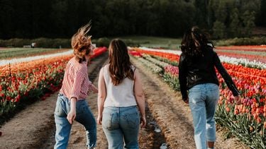 Drie zusjes die door een tulpenveld rennen, waarbij het middelste kind achterblijft