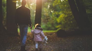 Vader en dochter die hand in hand door het bos lopen