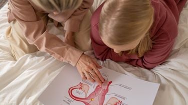 Moeder die haar dochter een tekening laat zien van de baarmoeder en baarmoedermond